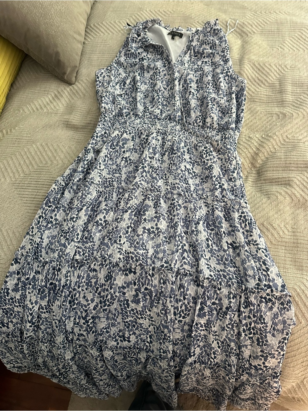 1. State Sleeveless White and Blue Floral Maxi Dress